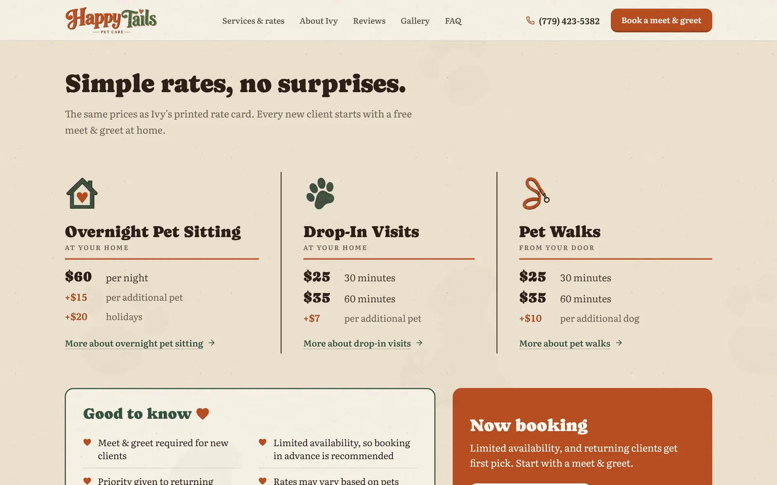 Happy Tails Pet Care: Simple rates, straight from her rate card