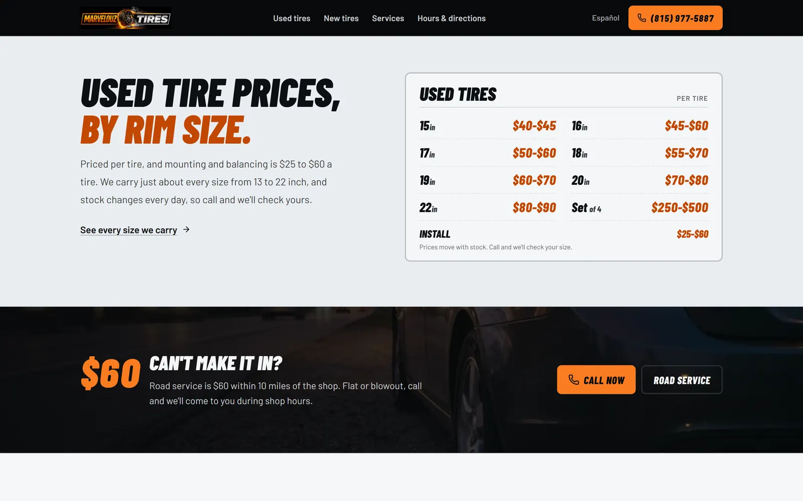 Marvelouz Tires: Used tire prices by rim size, right on the page