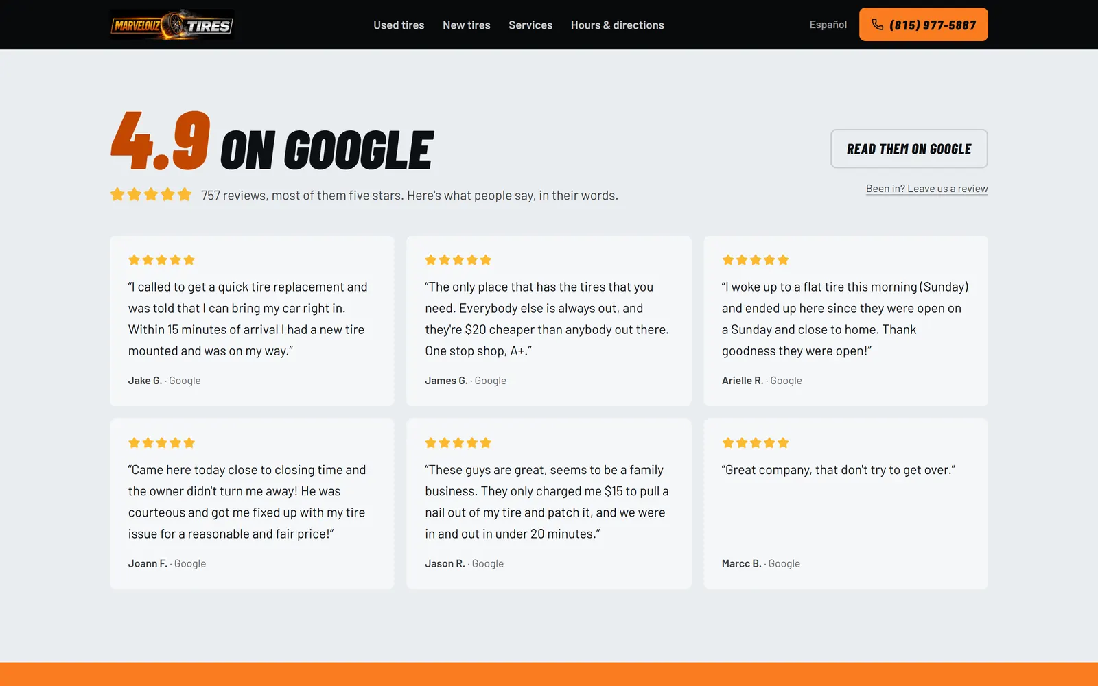 Marvelouz Tires: Their Google rating and real reviews, on their own site