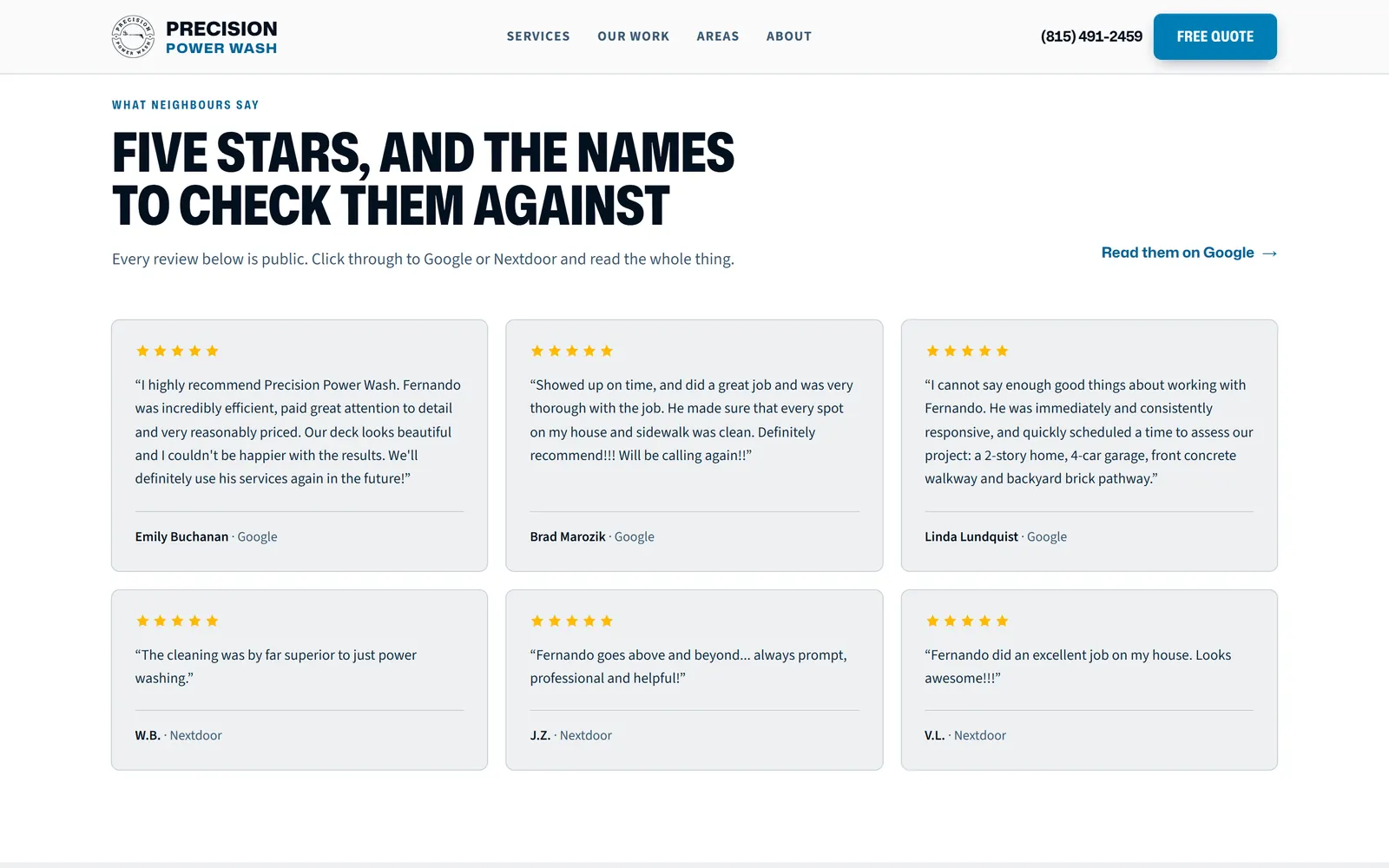 Precision Power Wash: Five-star reviews, with names you can check on Google and Nextdoor