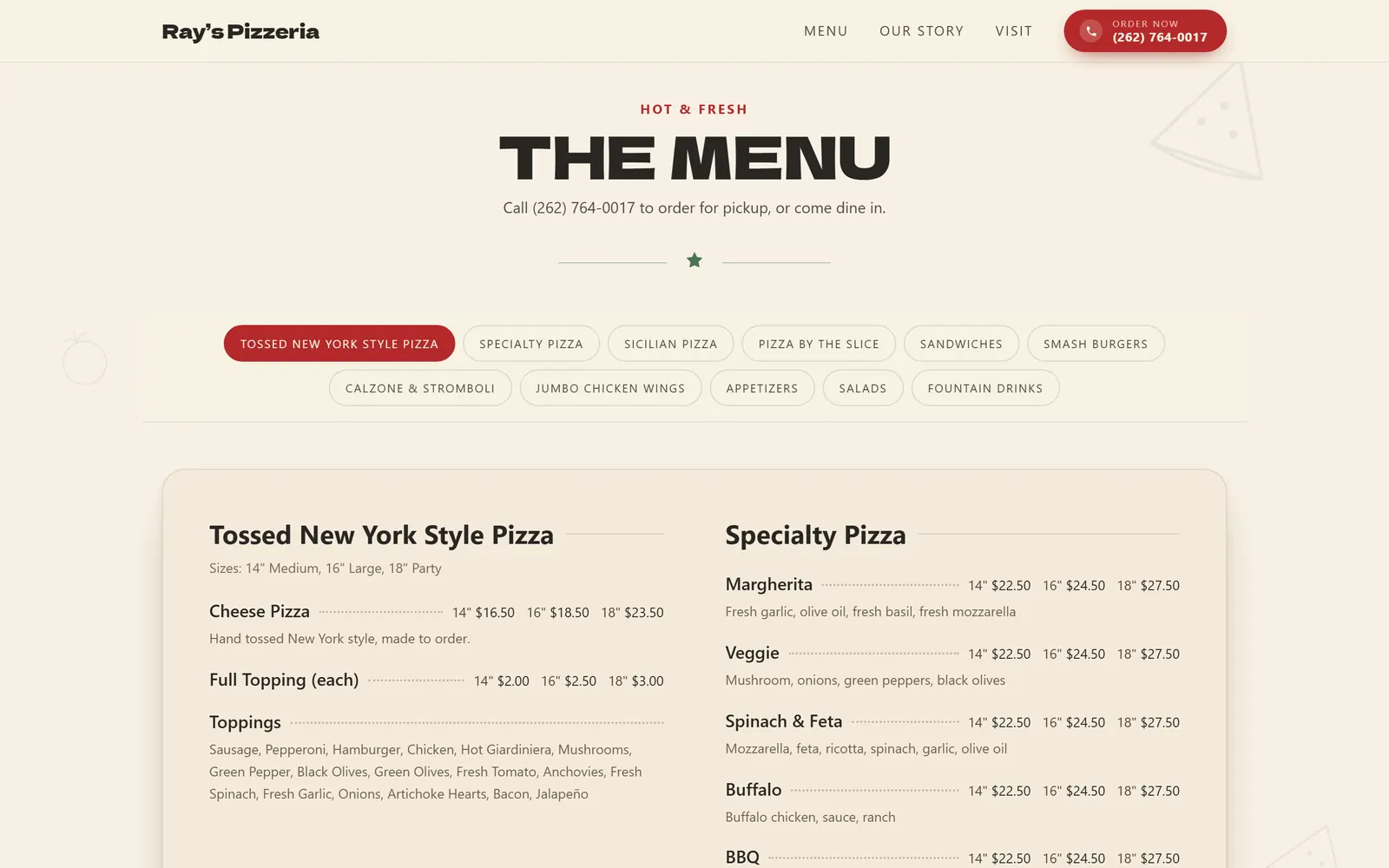 Ray's Pizzeria: The full menu, marked up so Google can read every price