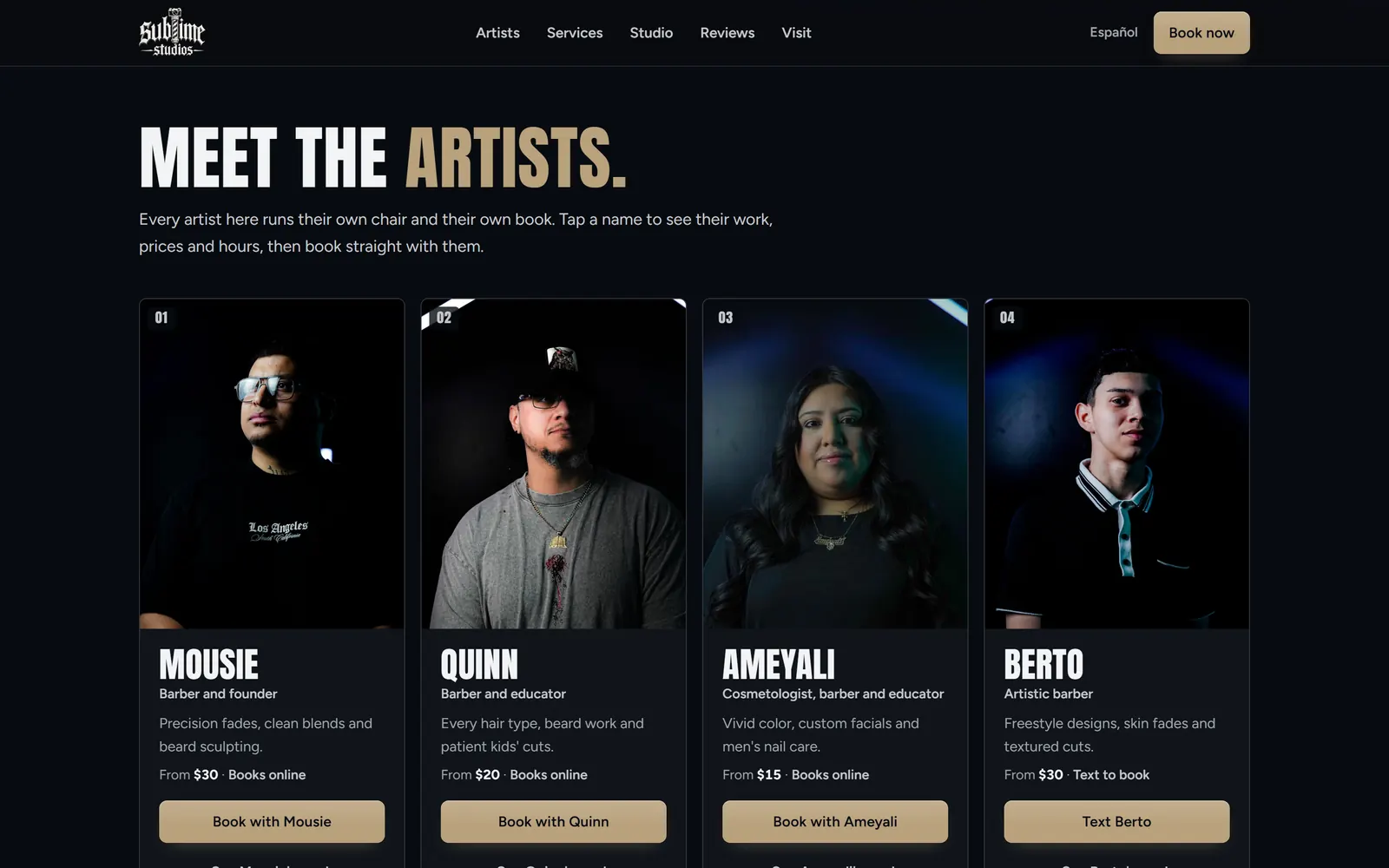 Sublime Studios: Every artist with their own page and book button