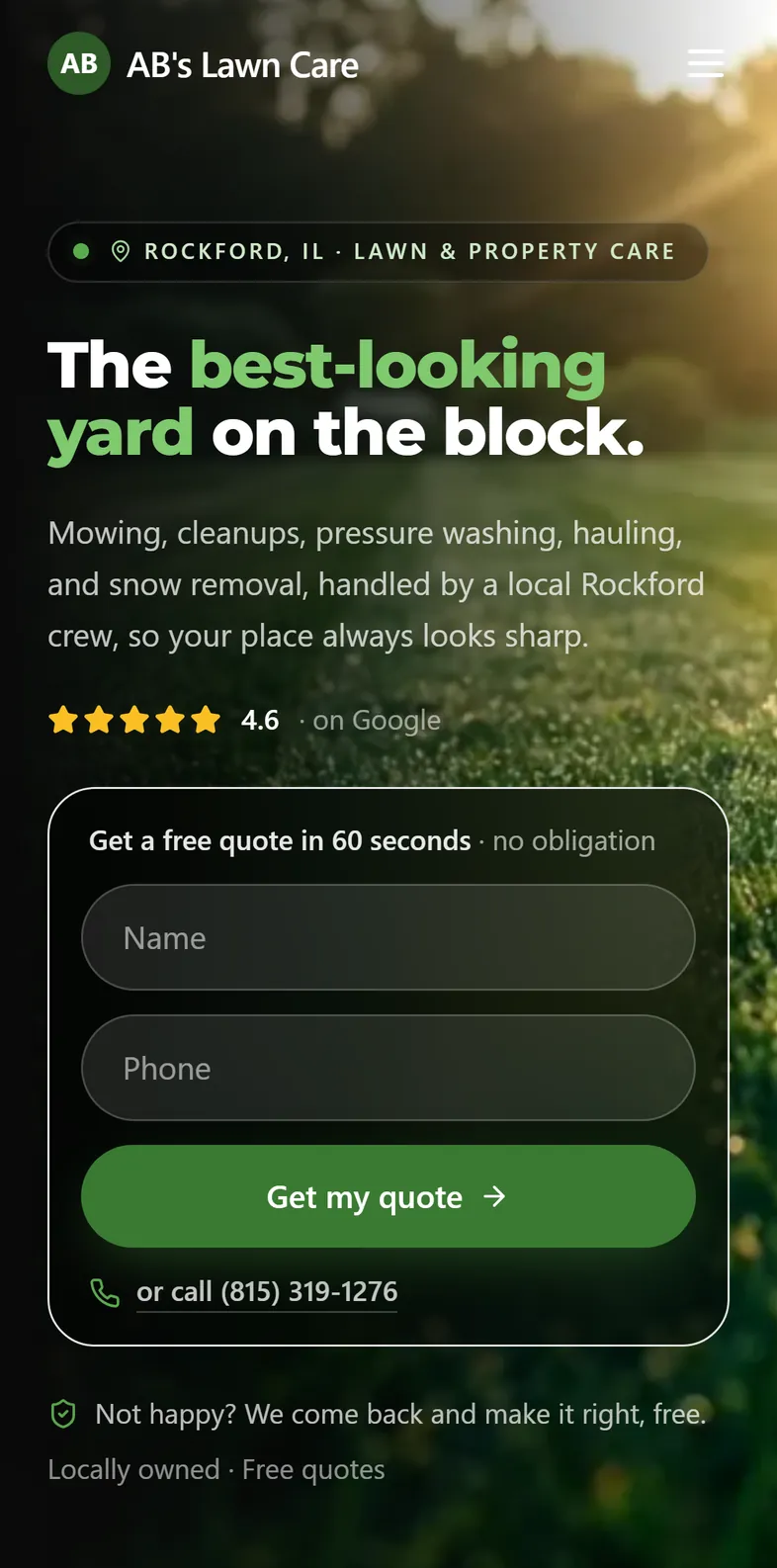 The AB's Lawn Care website in Safari on a phone