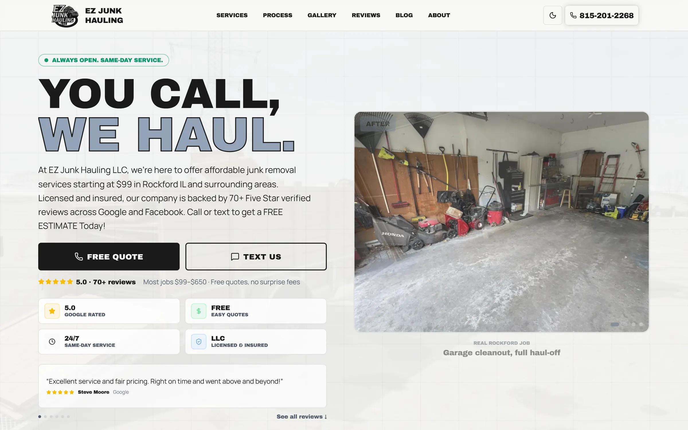 The EZ Junk Hauling website in a desktop browser