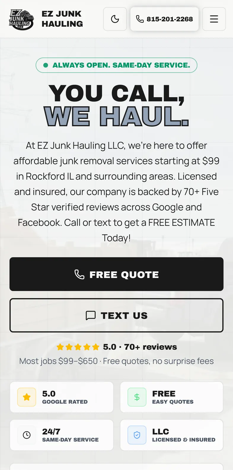 The EZ Junk Hauling website in Safari on a phone
