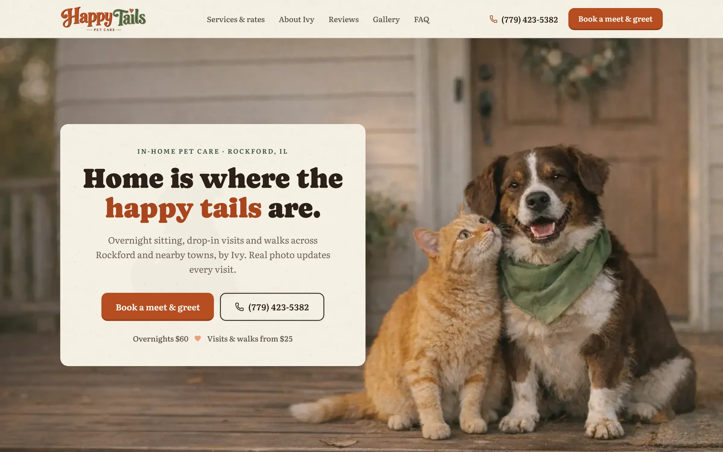 The Happy Tails Pet Care website in a desktop browser