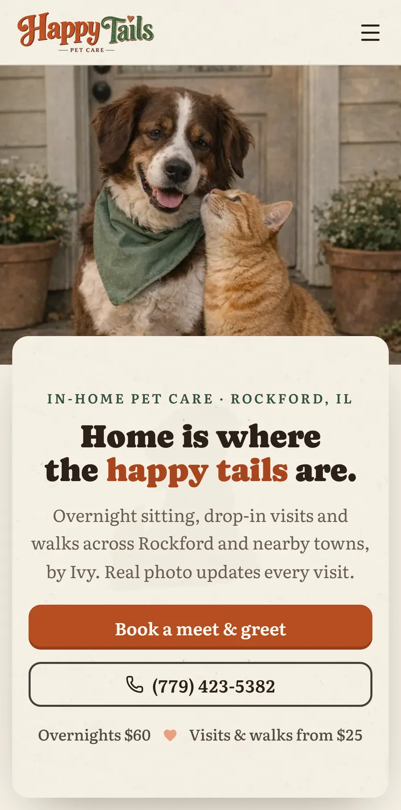 The Happy Tails Pet Care website in Safari on a phone