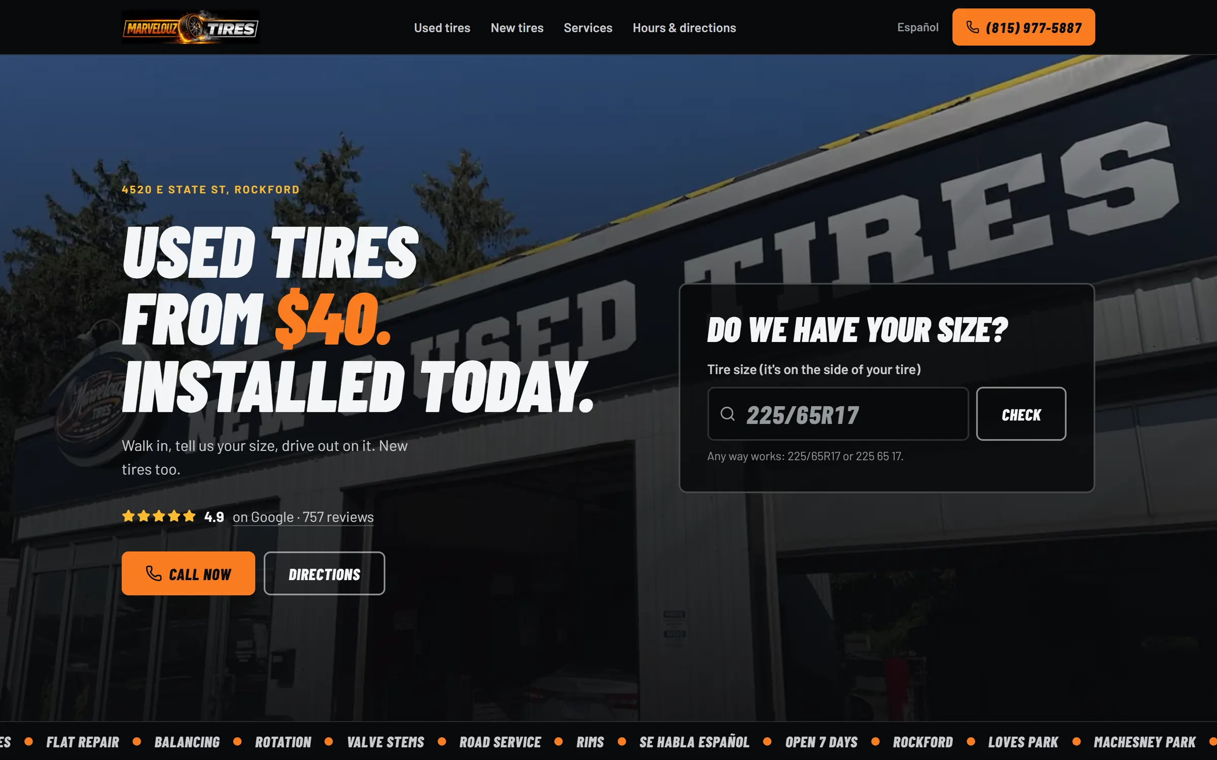 The Marvelouz Tires website in a desktop browser