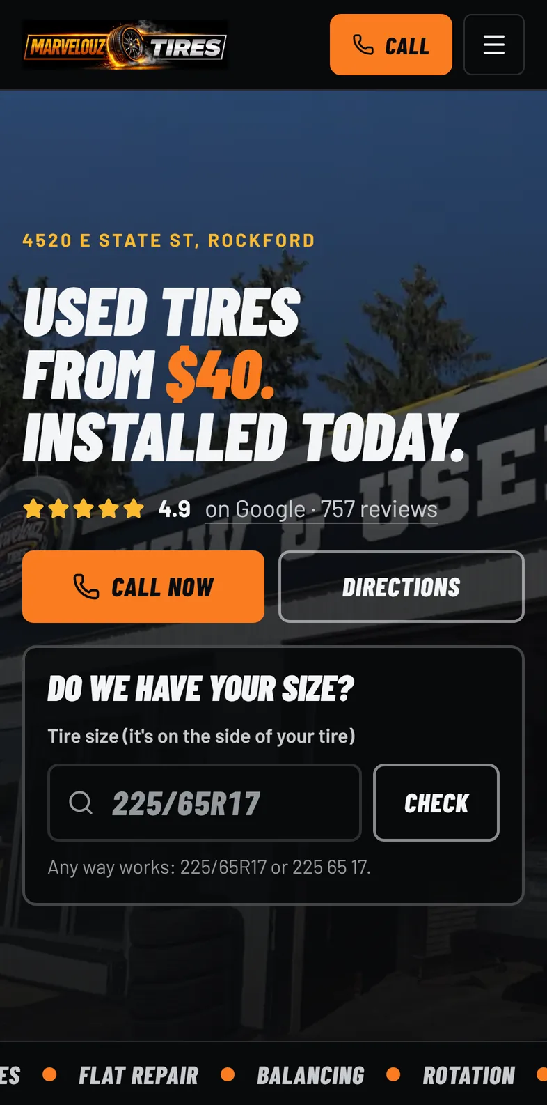 The Marvelouz Tires website in Safari on a phone