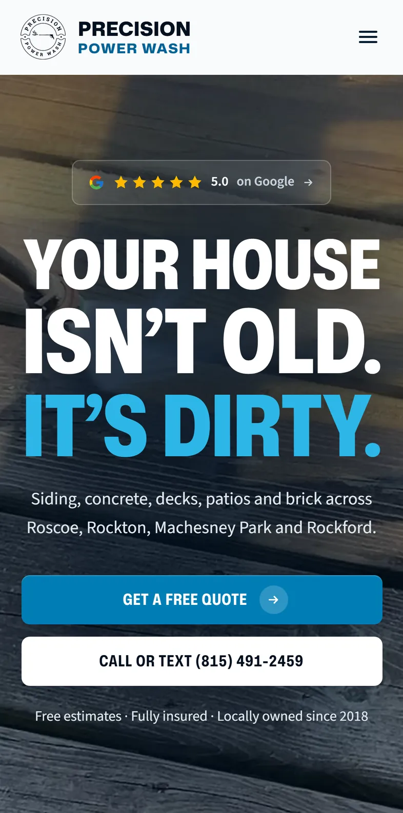 The Precision Power Wash website in Safari on a phone