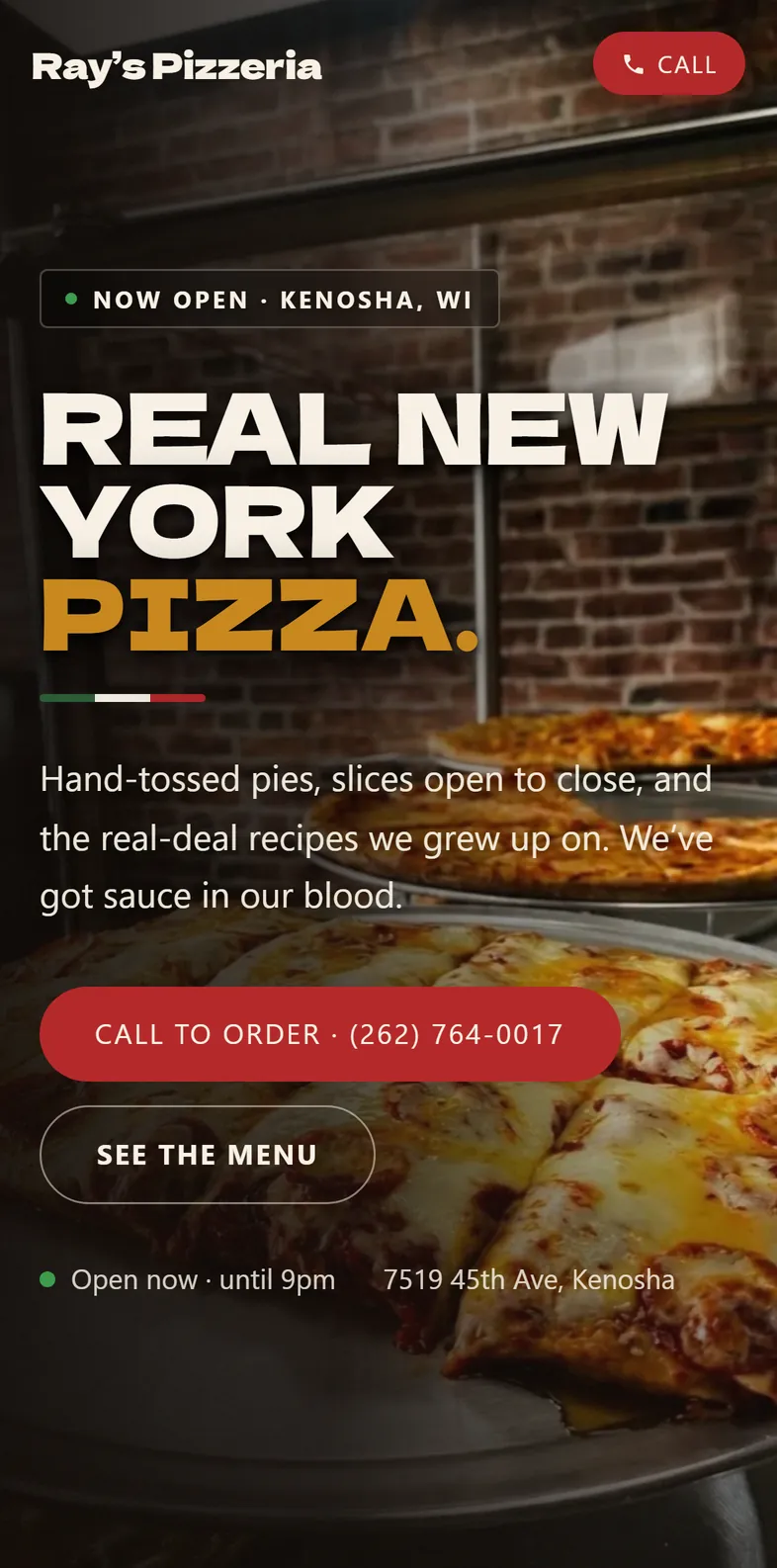 The Ray's Pizzeria website on a phone