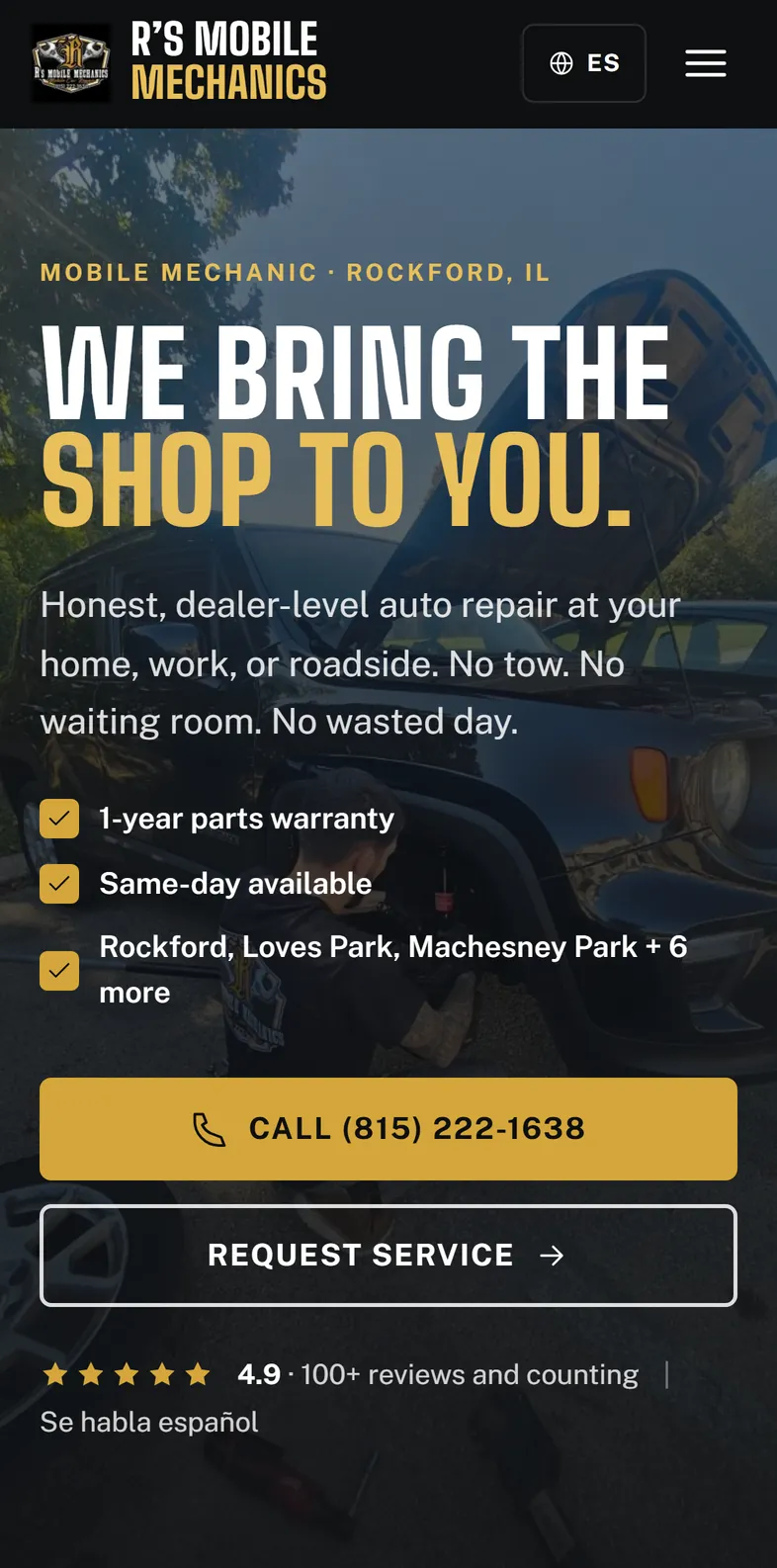 The R's Mobile Mechanics website in Safari on a phone