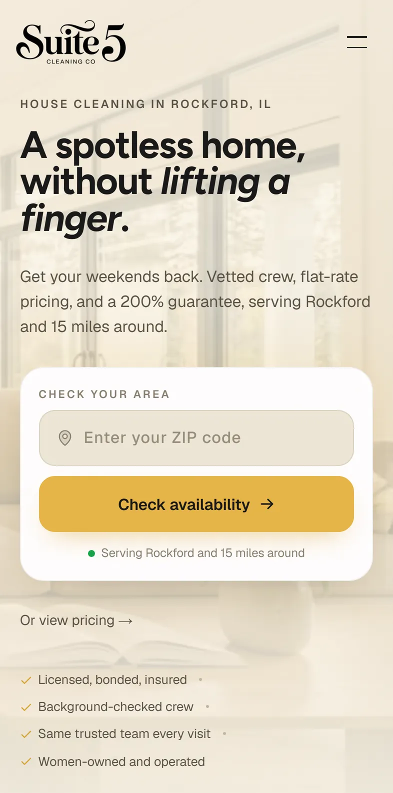 The Suite 5 Cleaning website in Safari on a phone