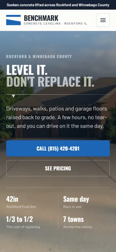 Benchmark Concrete Leveling website on a phone
