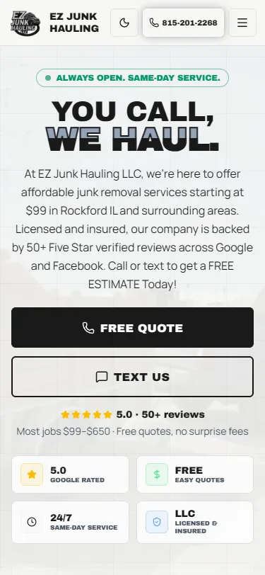 EZ Junk Hauling website on a phone