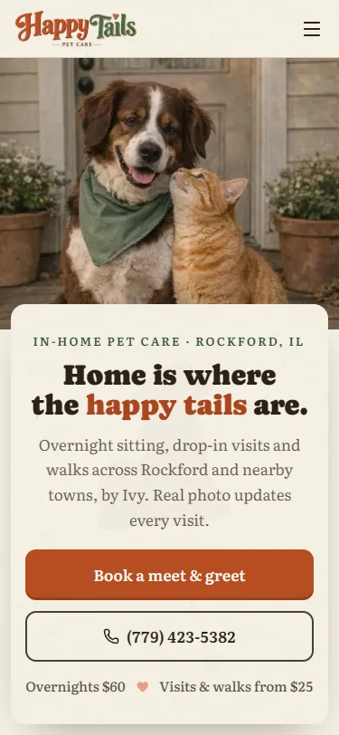 Happy Tails Pet Care website on a phone