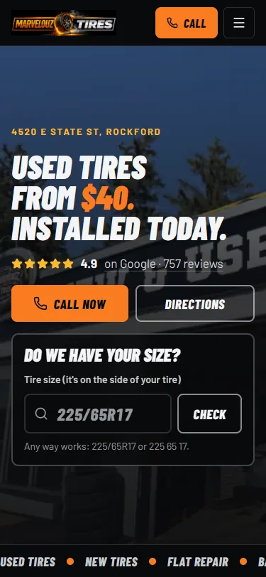 Marvelouz Tires website on a phone