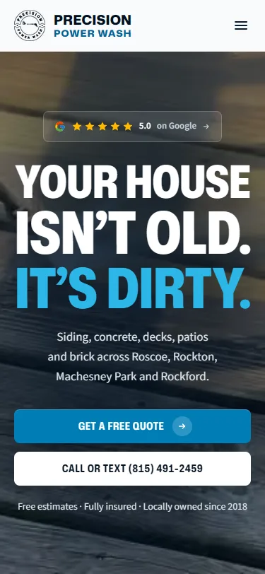 The new Precision Power Wash website on a phone